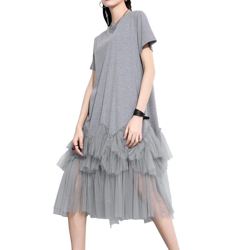 ellazhu Women's Casual Short Sleeve Crew Neck Tutu Tulle Dress with an Oversized Fit GY2266 Grey - Image 1